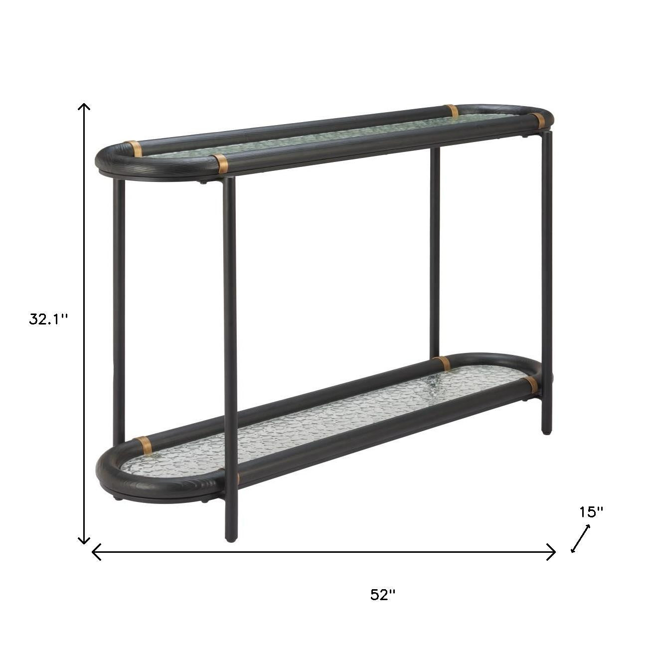 52" Black and Clear Glass Solid Wood and Steel Oval Console Table With Shelf