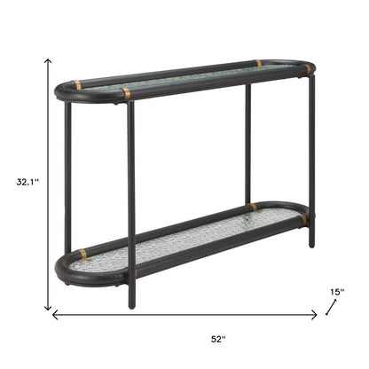 52" Black and Clear Glass Solid Wood and Steel Oval Console Table With Shelf