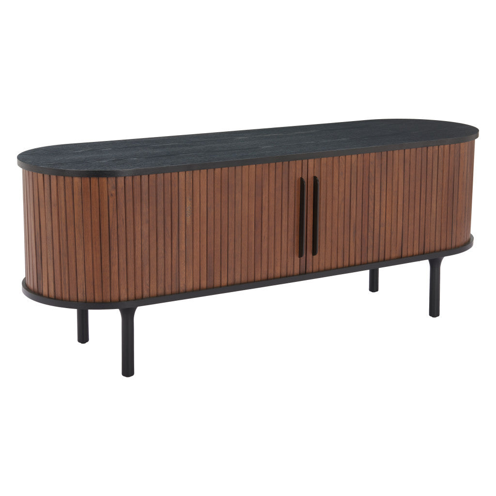 60" Black And Walnut Wood Ribbed Texture Sideboard with Two Sliding Doors