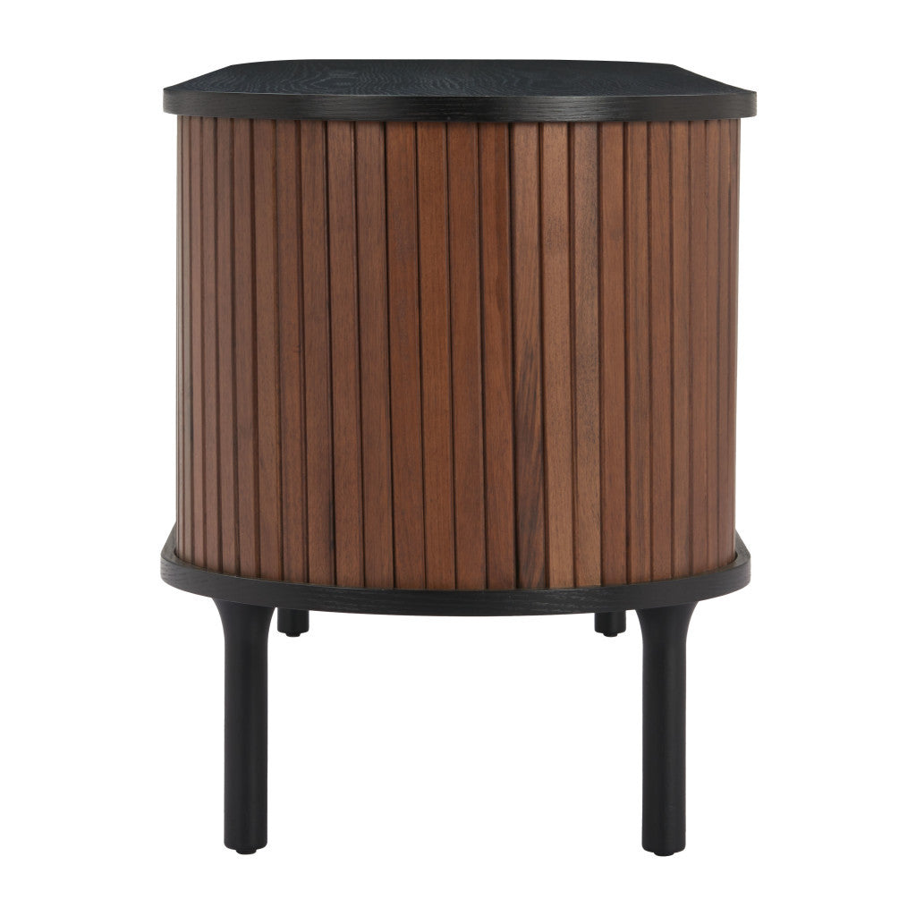 60" Black And Walnut Wood Ribbed Texture Sideboard with Two Sliding Doors