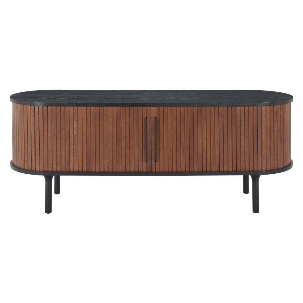 60" Black And Walnut Wood Ribbed Texture Sideboard with Two Sliding Doors