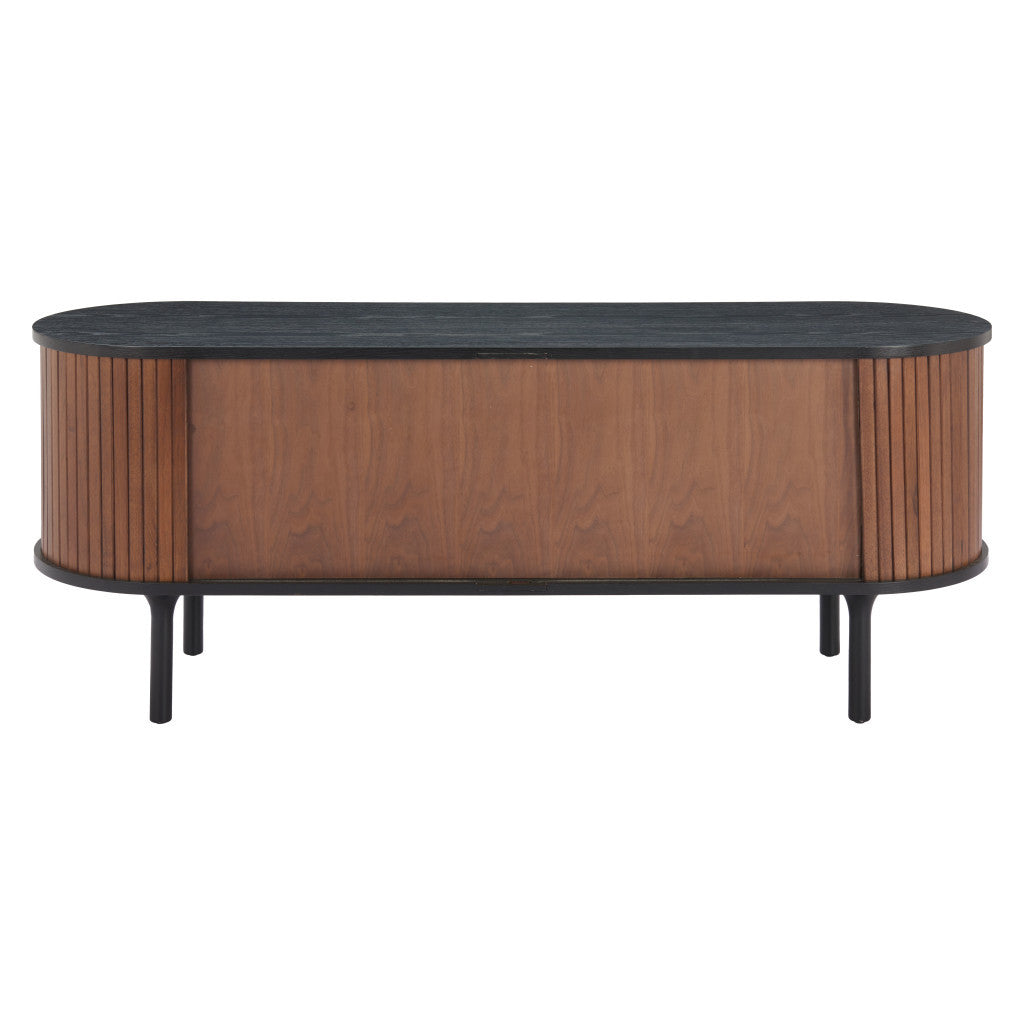 60" Black And Walnut Wood Ribbed Texture Sideboard with Two Sliding Doors