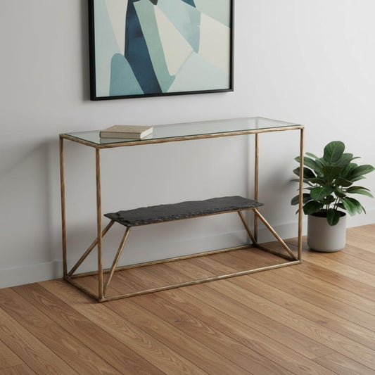 48" Clear and Brass Glass Iron and Stone Frame Console Table With Shelf