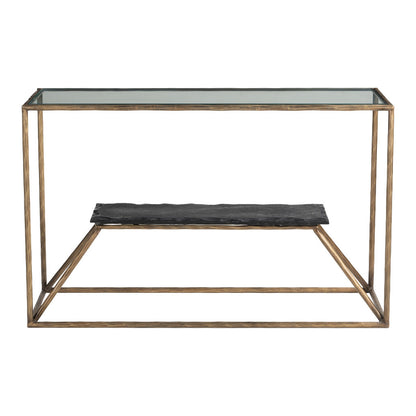 48" Clear and Brass Glass Iron and Stone Frame Console Table With Shelf