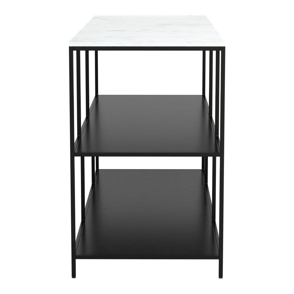 54" White and Black Genuine Marble and Steel Frame Console Table With Two Shelves