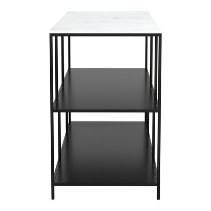 54" White and Black Genuine Marble and Steel Frame Console Table With Two Shelves