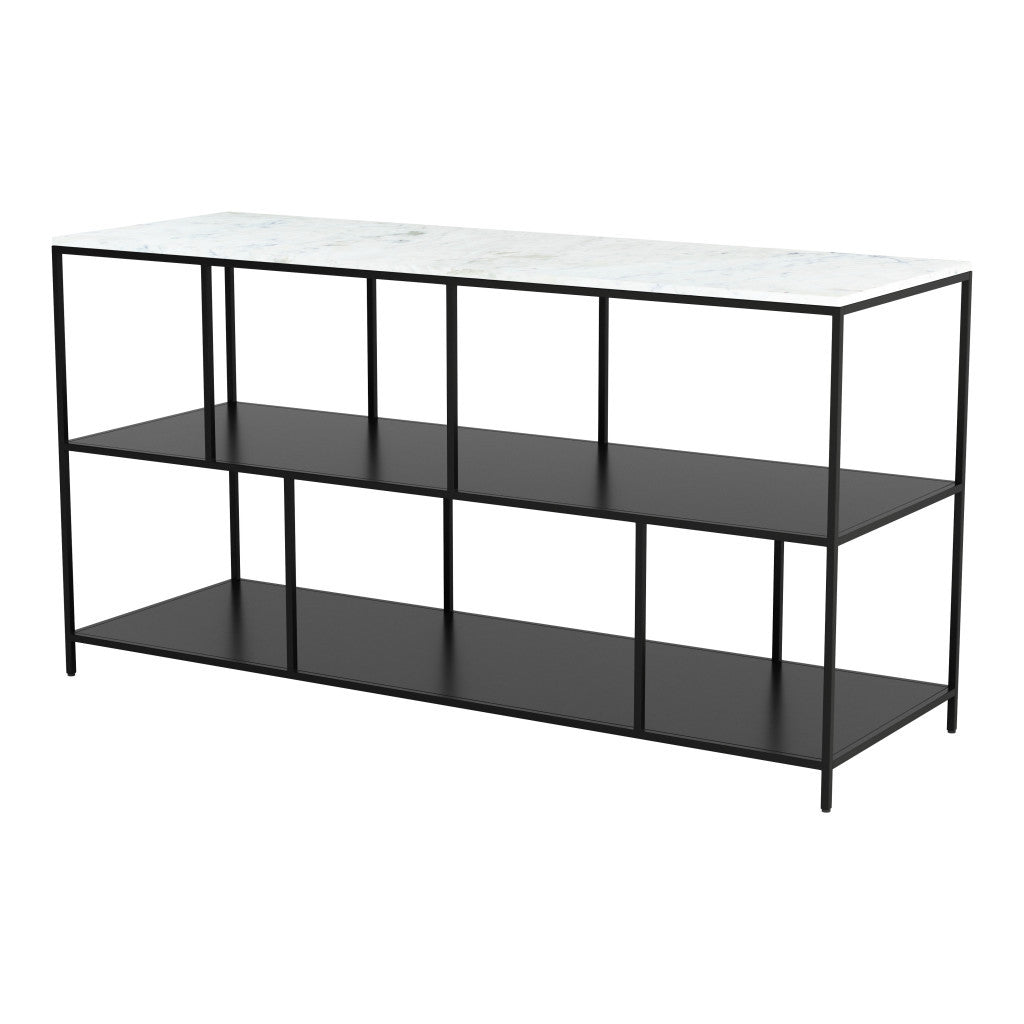 54" White and Black Genuine Marble and Steel Frame Console Table With Two Shelves