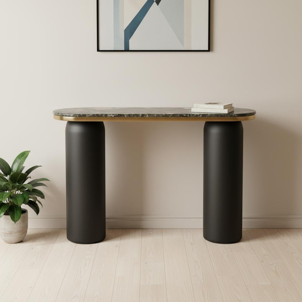 43" Black and Gold Genuine Marble and Steel Double Pedestal Console Table