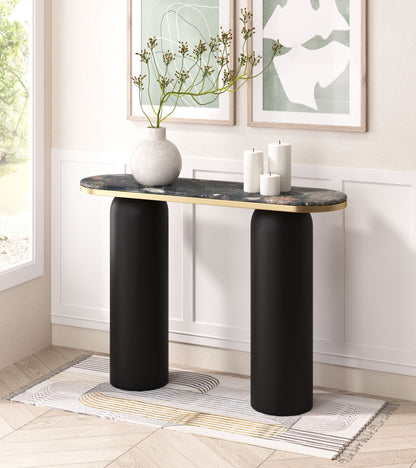 43" Black and Gold Genuine Marble and Steel Double Pedestal Console Table