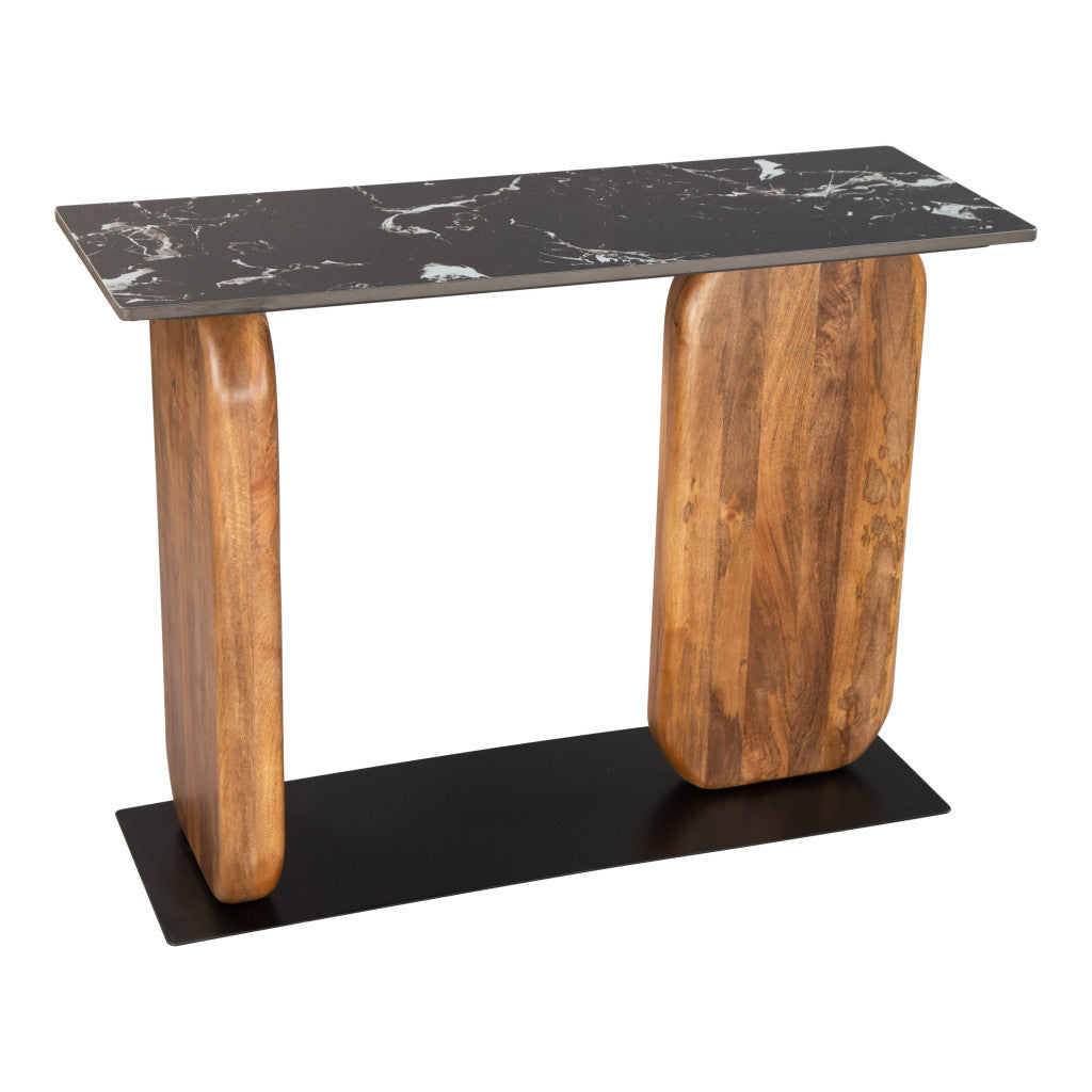 43" Black and Brown Genuine Marble and Solid Wood Solid Console Table