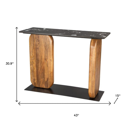43" Black and Brown Genuine Marble and Solid Wood Solid Console Table