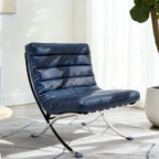 29" Blue and Silver Tufted Leather and Upholstered Folding Lounge Chair