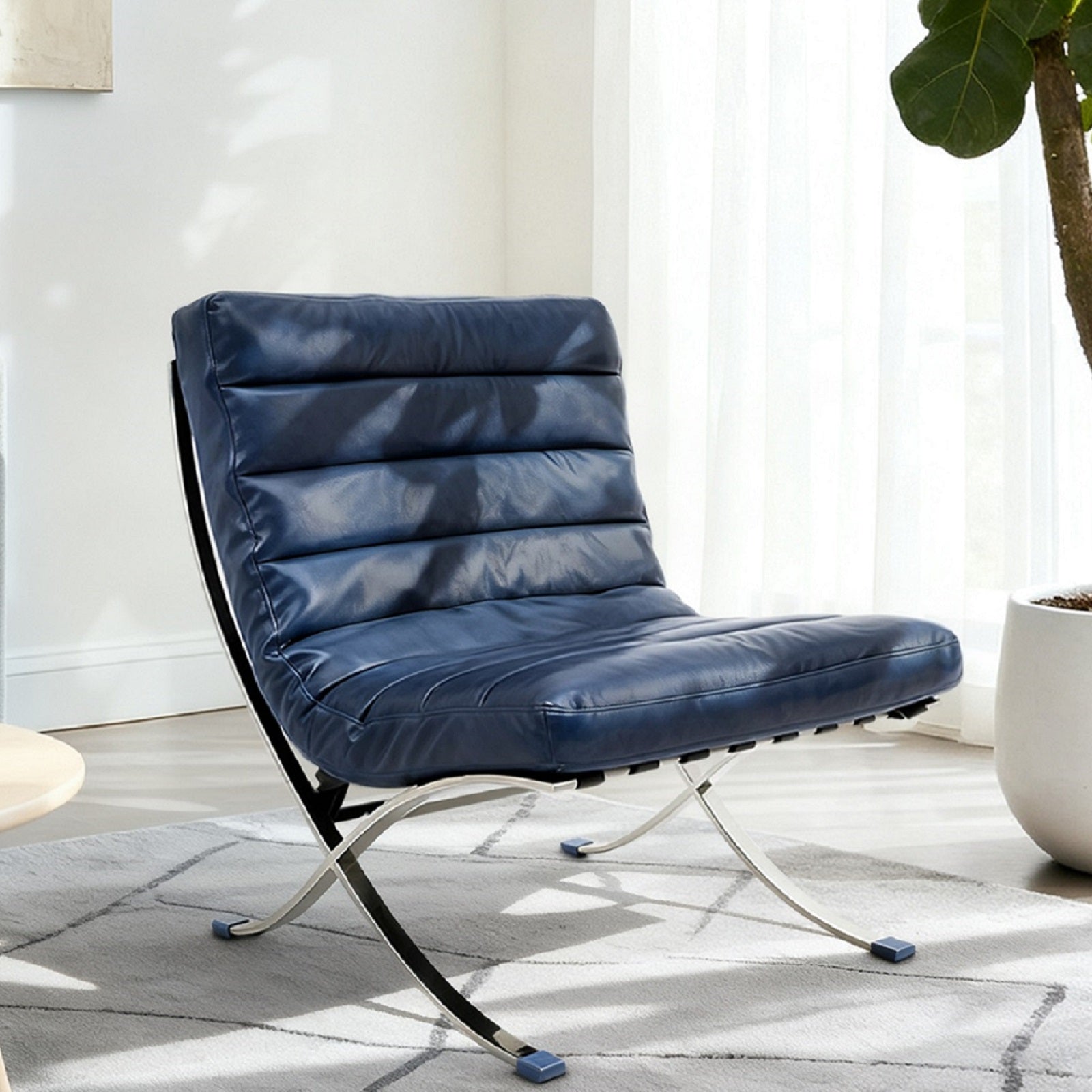 29" Blue and Silver Tufted Leather and Upholstered Folding Lounge Chair