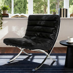 29" Black and Silver Tufted Leather and Upholstered Folding Lounge Chair