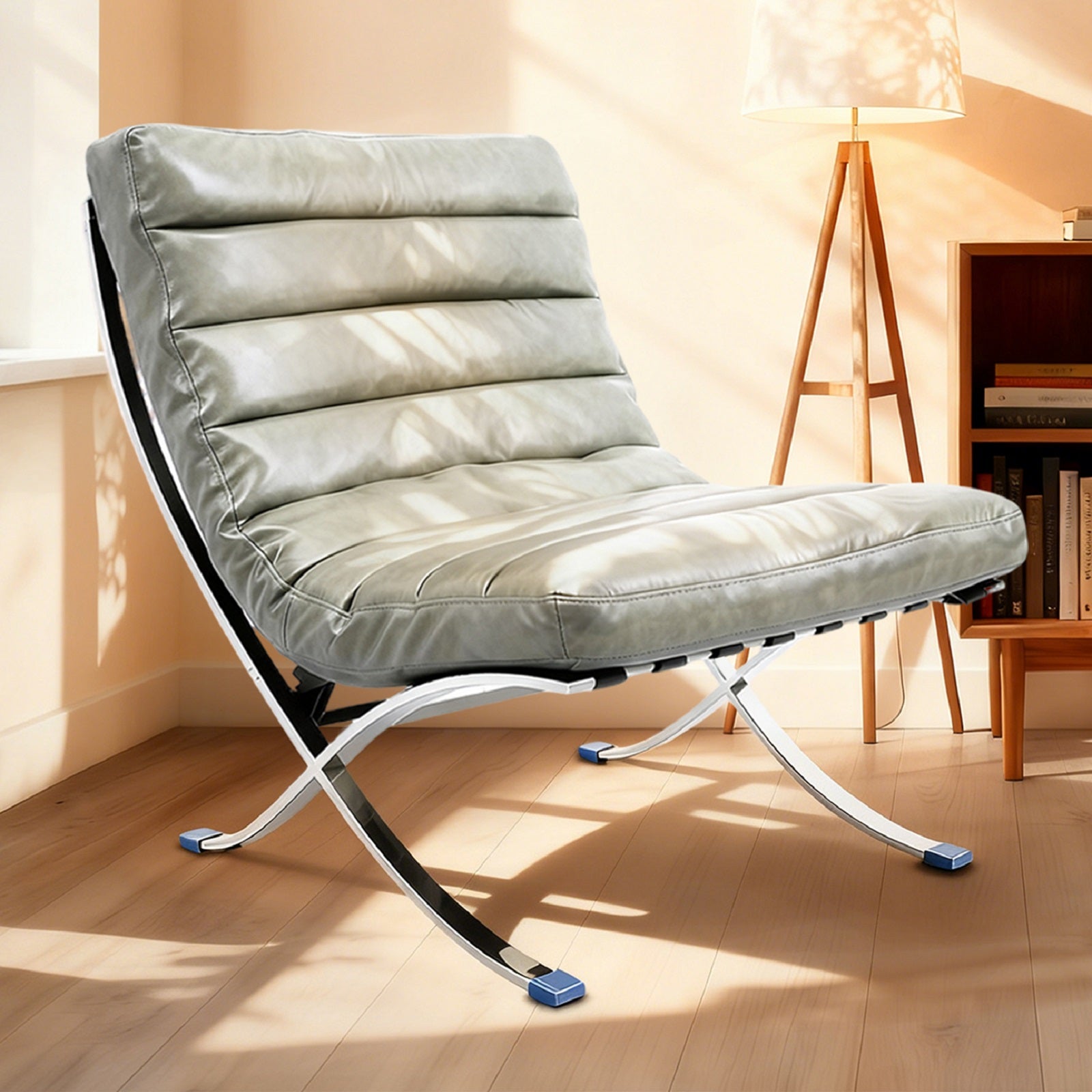 29" Gray and Silver Tufted Leather and Upholstered Folding Lounge Chair