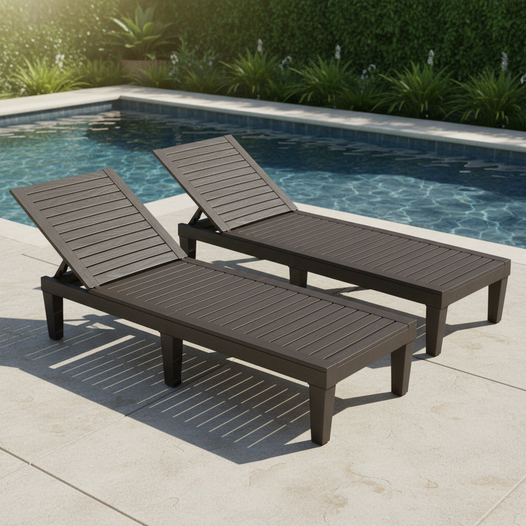 Set of Two Black Heavy Duty Resin Outdoor Chaise Lounges