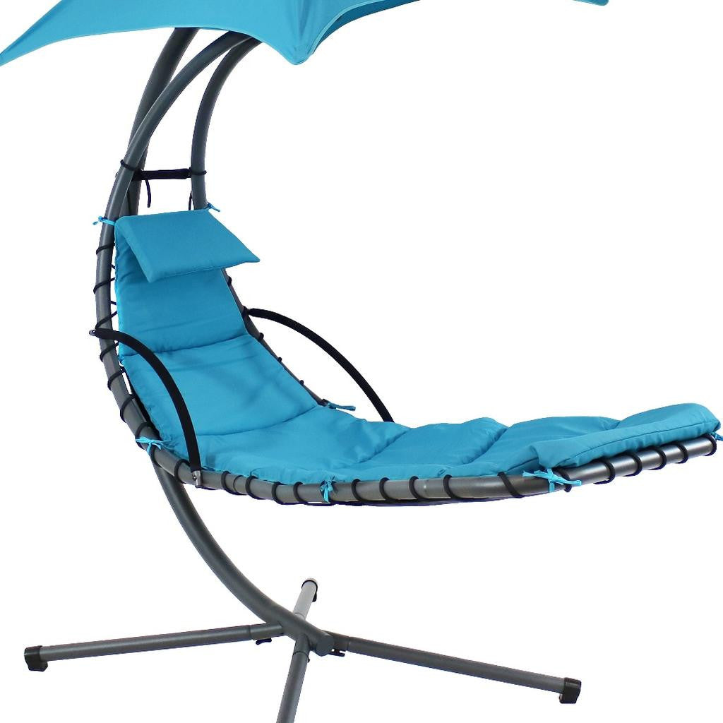 74" Silver Steel Outdoor Floating Chaise Lounge with Teal Blue Cushion And Canopy