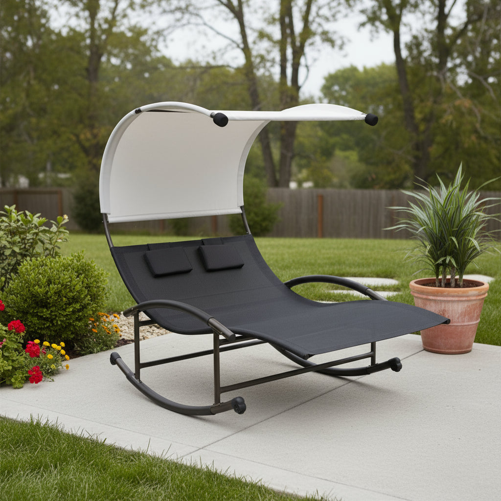 70" Black Steel Sling Outdoor Rocking Chaise Lounge With Canopy