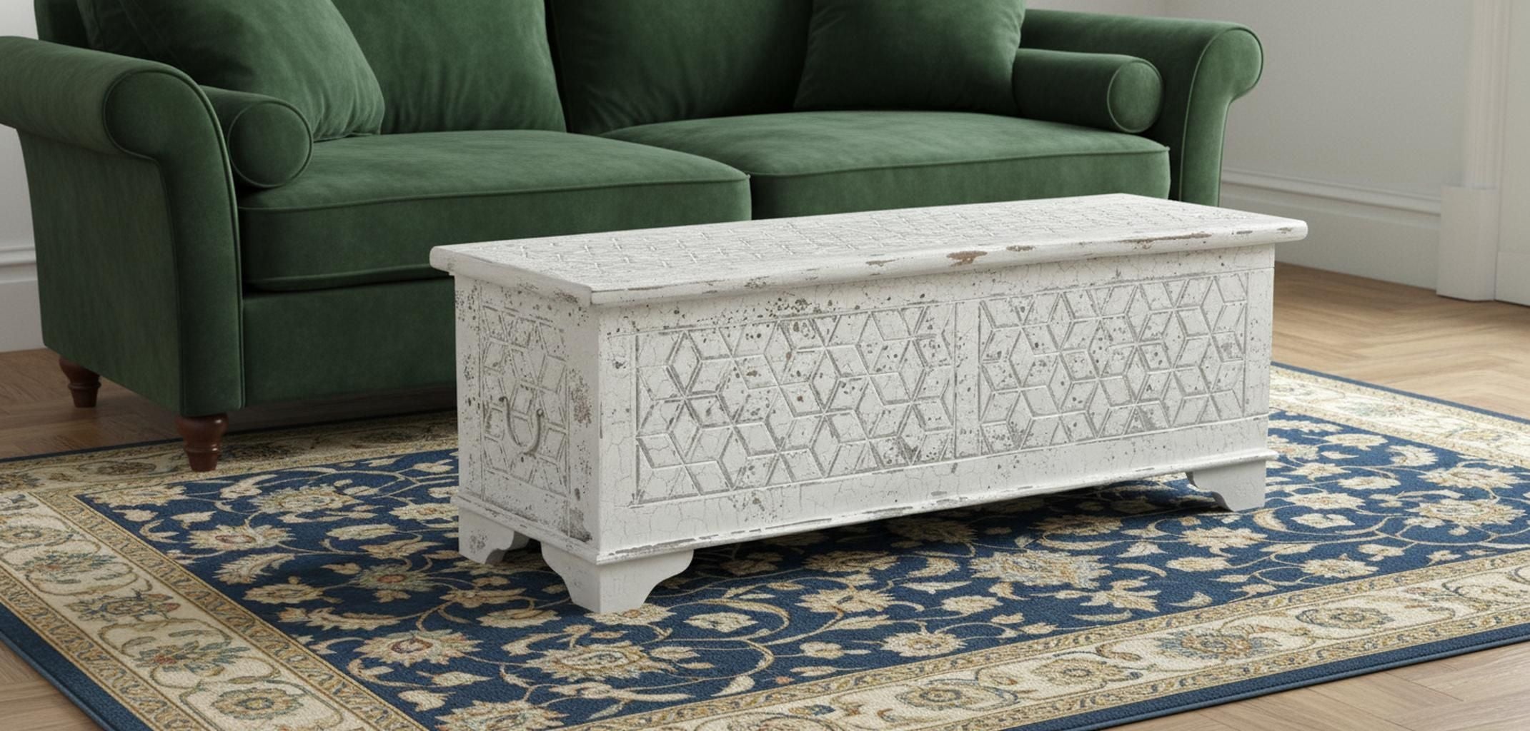 52" White Rustic Solid Wood Geometric Storage Ottoman