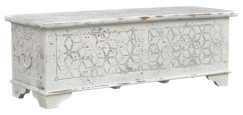 52" White Rustic Solid Wood Geometric Storage Ottoman