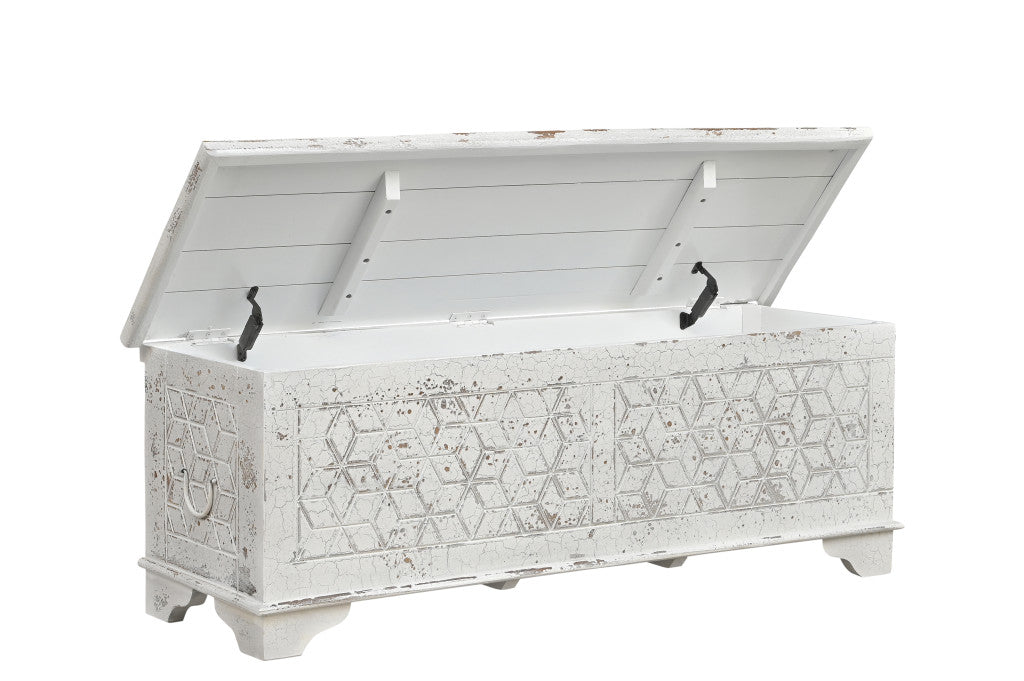 52" White Rustic Solid Wood Geometric Storage Ottoman