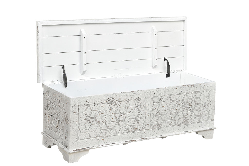 52" White Rustic Solid Wood Geometric Storage Ottoman