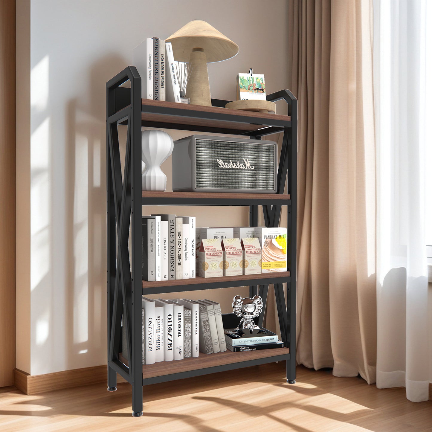 56" Black And Brown Metal and Wood Four Tier Etagere Bookcase
