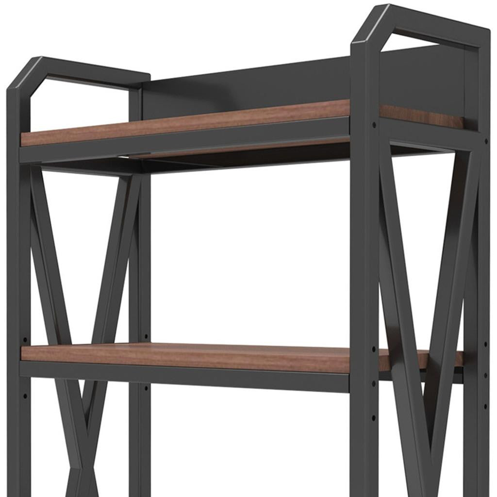 56" Black And Brown Metal and Wood Four Tier Etagere Bookcase