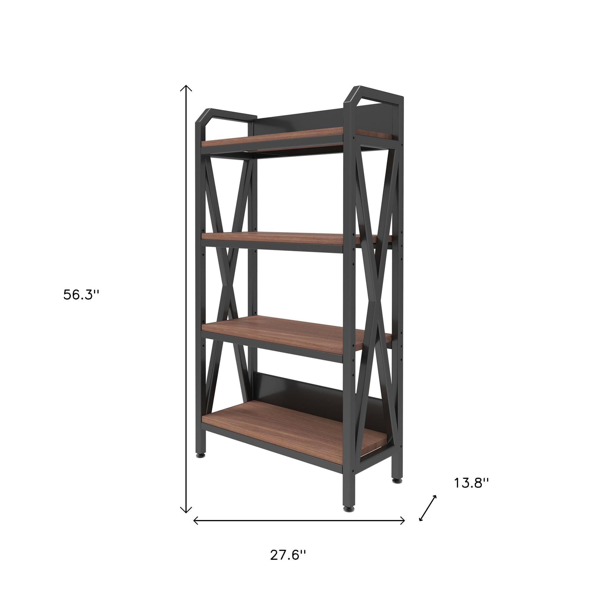 56" Black And Brown Metal and Wood Four Tier Etagere Bookcase