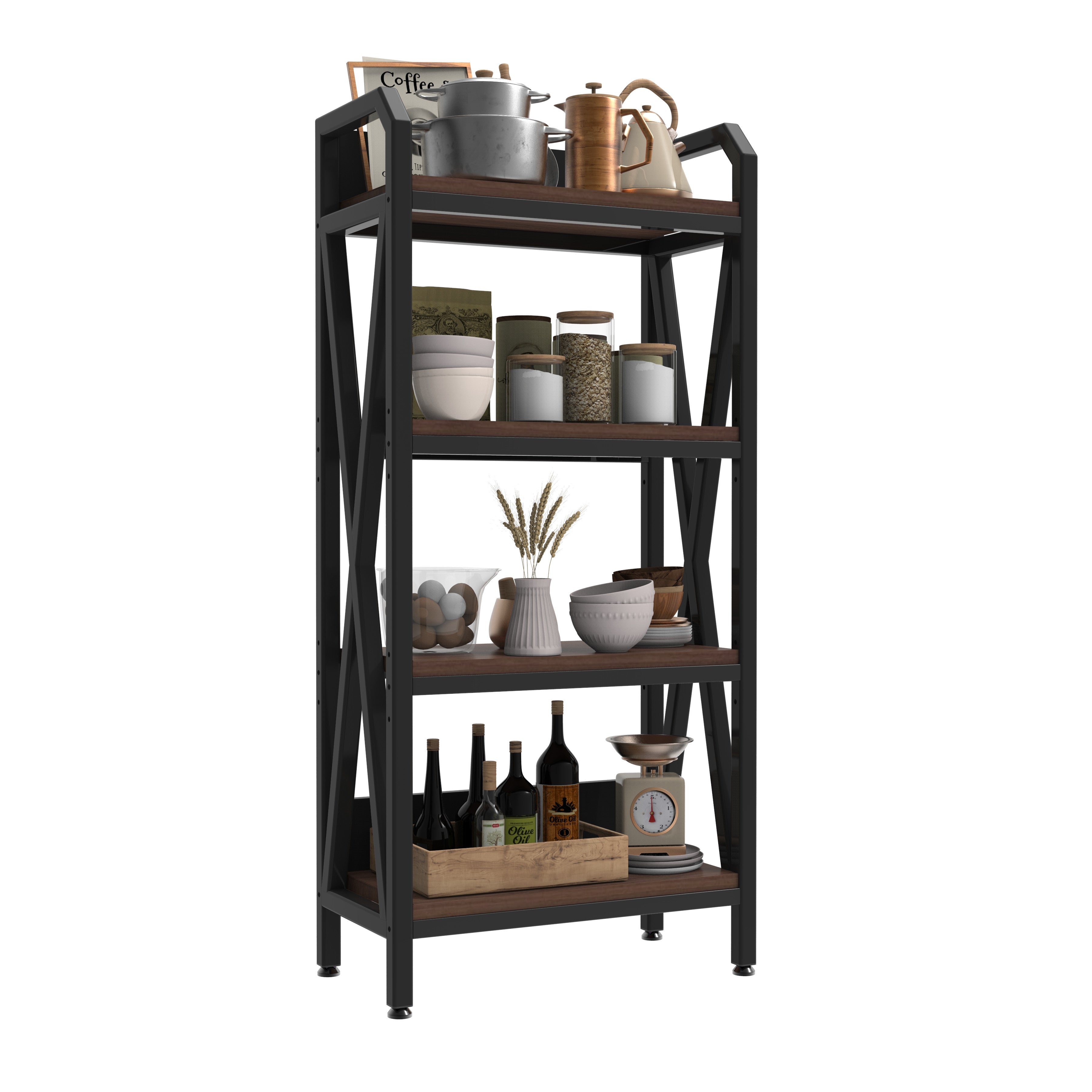 56" Black And Brown Metal and Wood Four Tier Etagere Bookcase