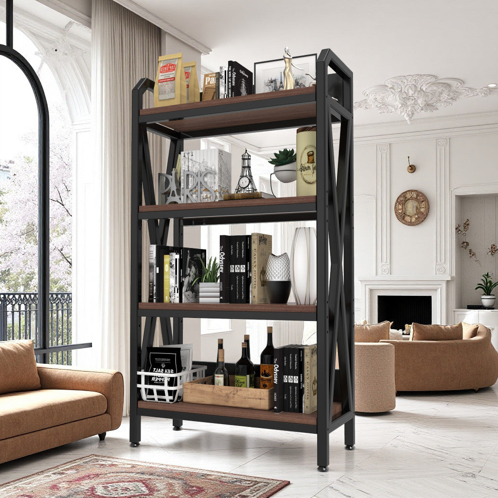 56" Black And Brown Metal and Wood Four Tier Etagere Bookcase