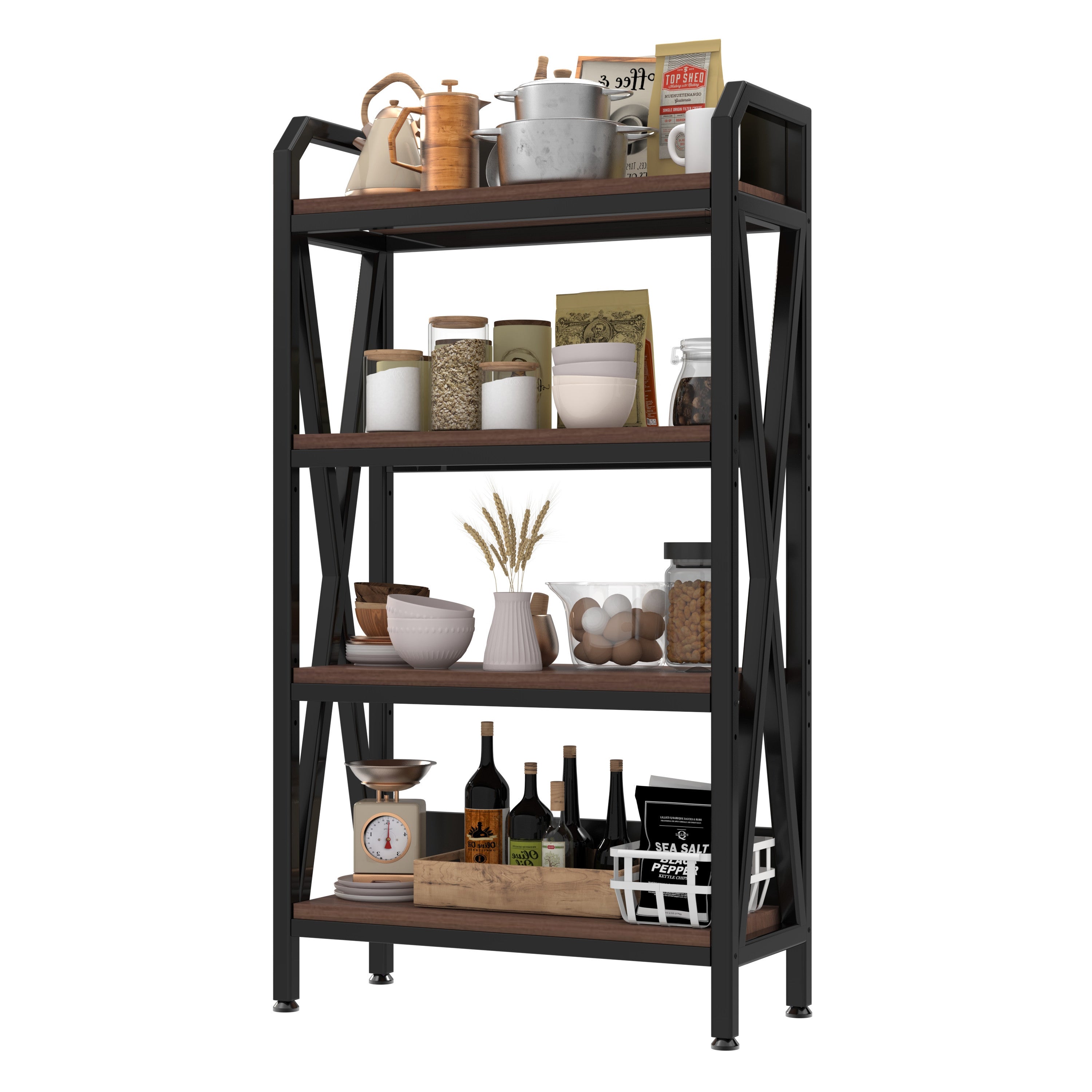 56" Black And Brown Metal and Wood Four Tier Etagere Bookcase