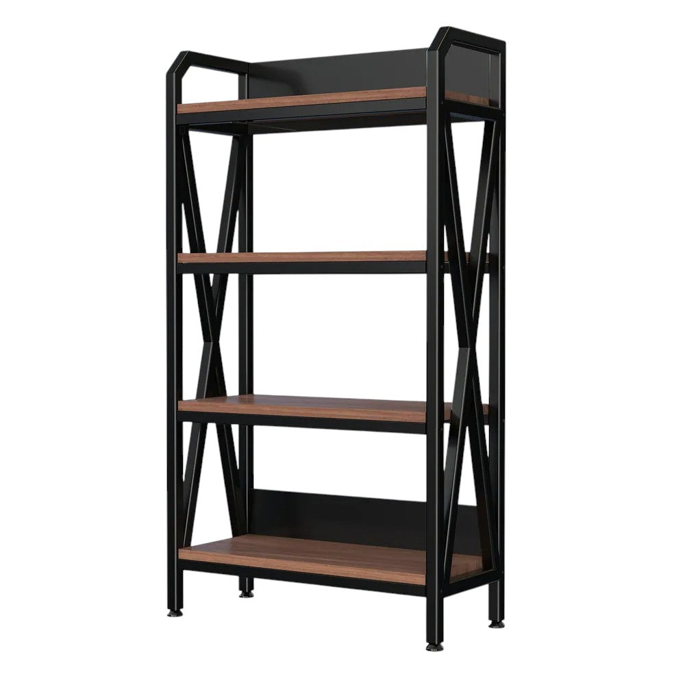 56" Black And Brown Metal and Wood Four Tier Etagere Bookcase