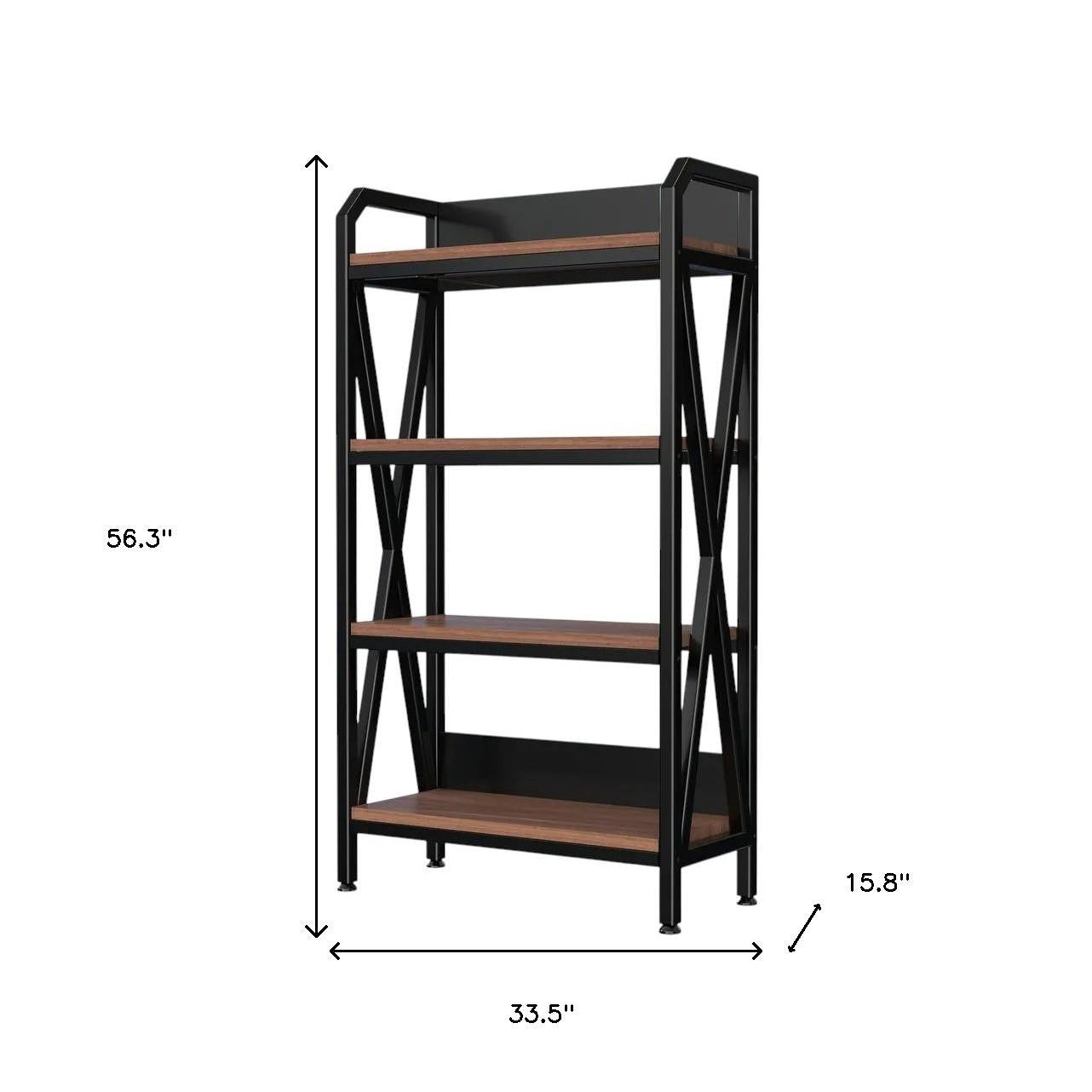 56" Black And Brown Metal and Wood Four Tier Etagere Bookcase
