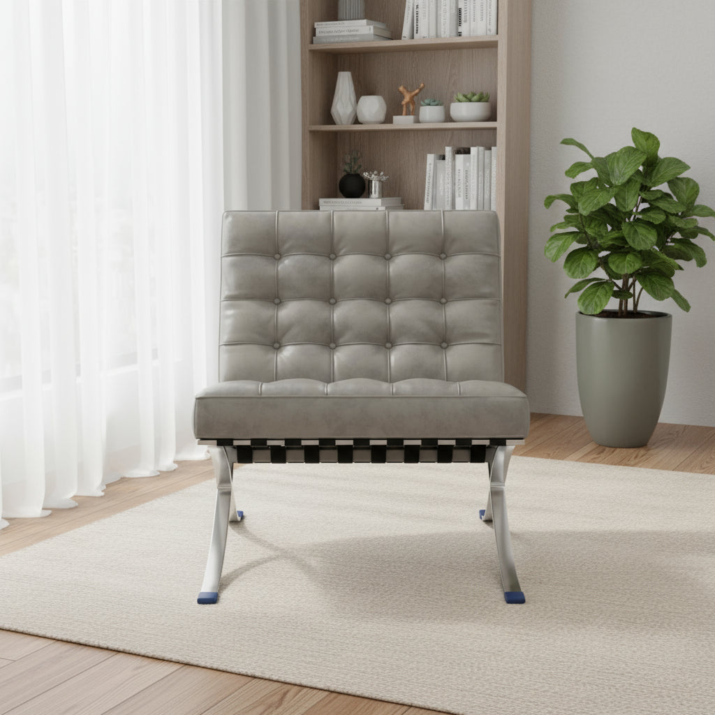 30" Gray and Silver Tufted Faux Leather and Stainless Steel Folding Lounge Chair