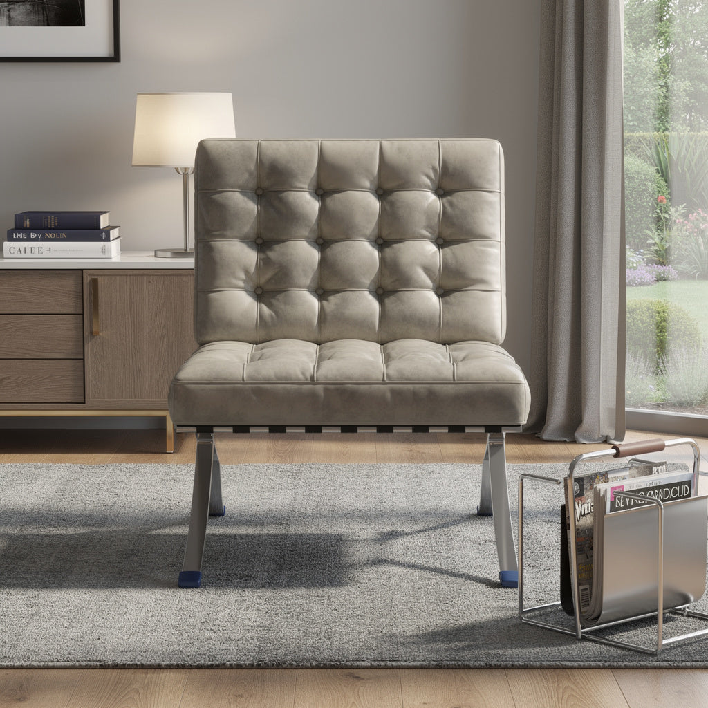 30" Gray and Silver Tufted Faux Leather and Stainless Steel Folding Lounge Chair