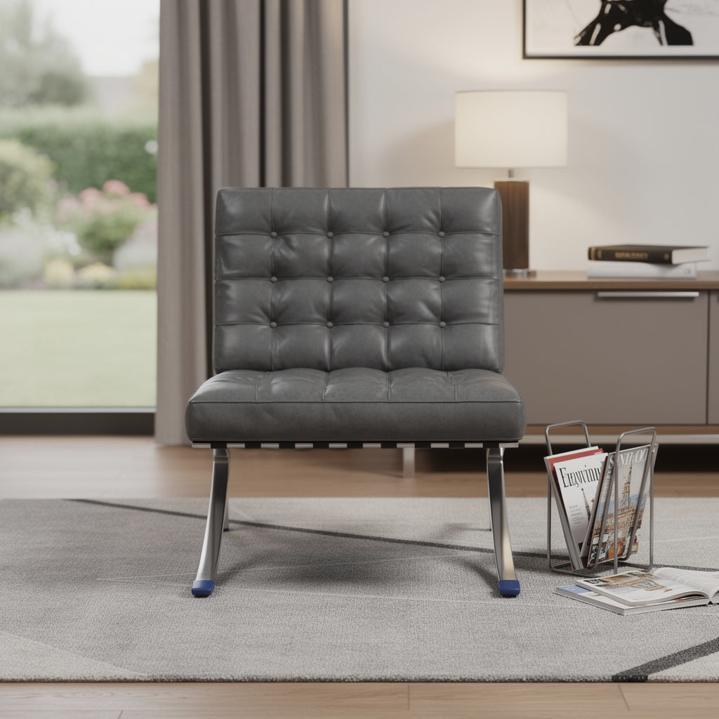 30" Dark Gray and Silver Faux Leather and Stainless Steel Folding Lounge Chair