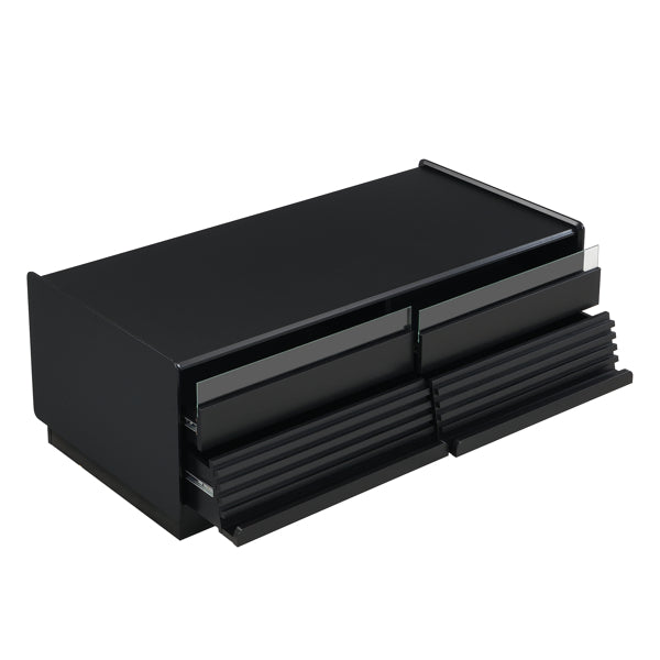 Modern Rectangle Coffee Table With 4 Drawers And 2 Display Shelves, Wood Coffee Table With Fluted Style, Tempered Glass For Living Room