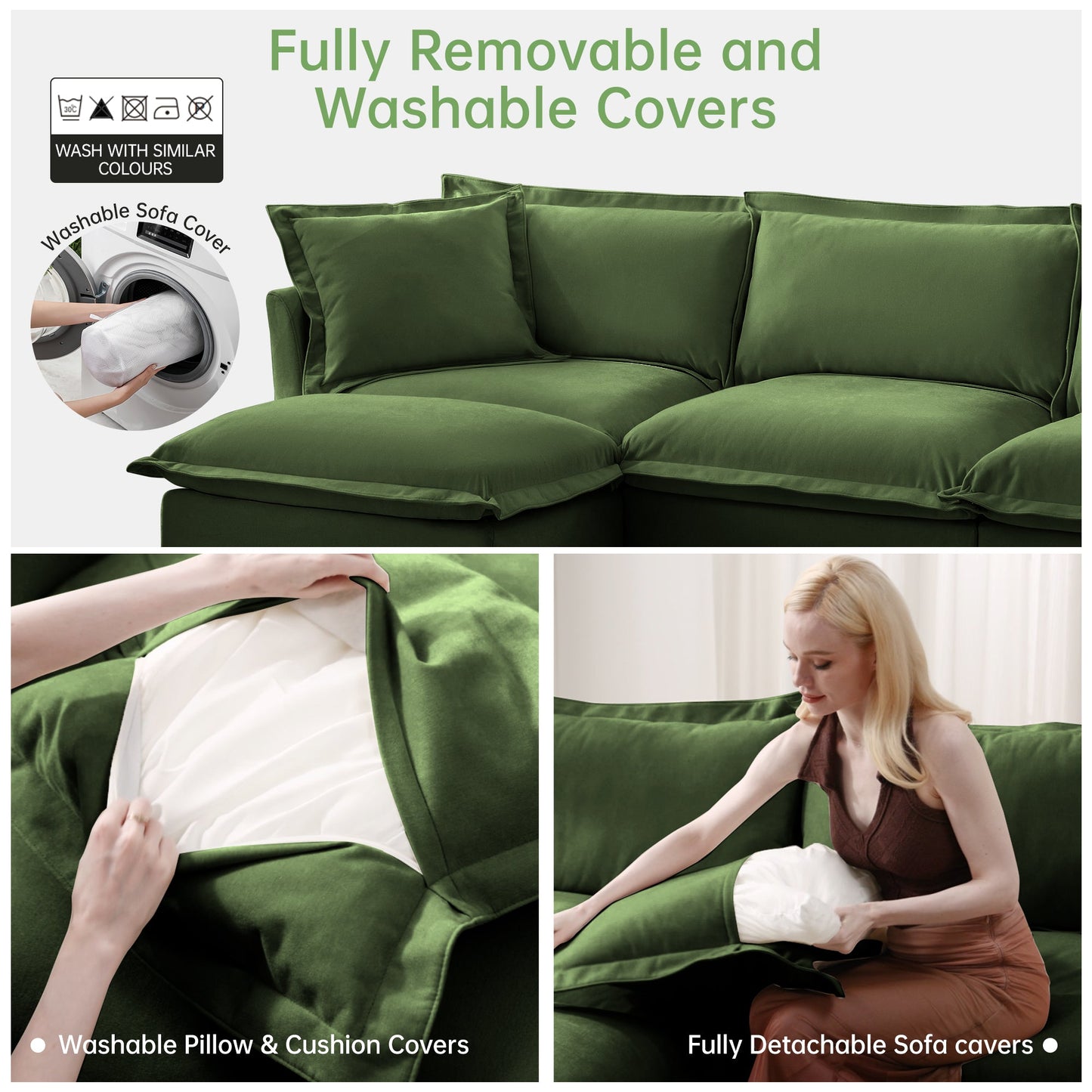 Chenille 3-Seater Slipcovered Sofa with 3 Ottomans