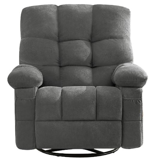 39" Gray Tufted Chenille Heated Massage Swivel Rocker Recliner With USB
