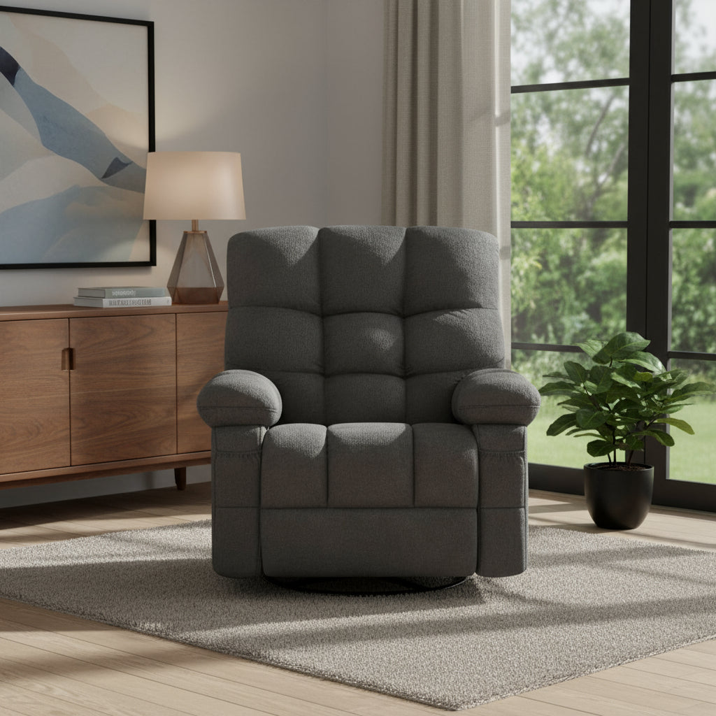 39" Gray Tufted Chenille Heated Massage Swivel Rocker Recliner With USB