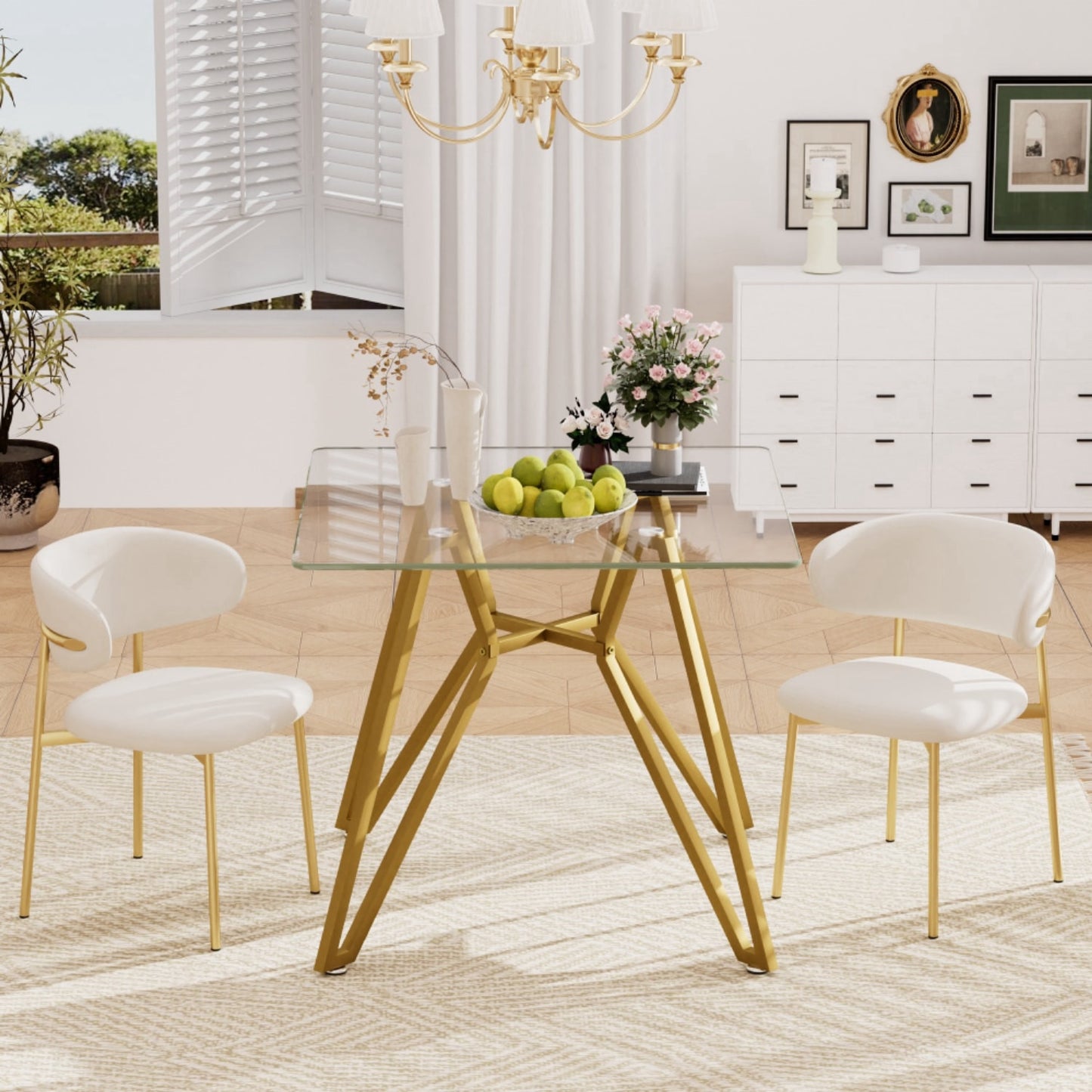 35" White and Gold Glass and Steel Square Trestle Coffee Table