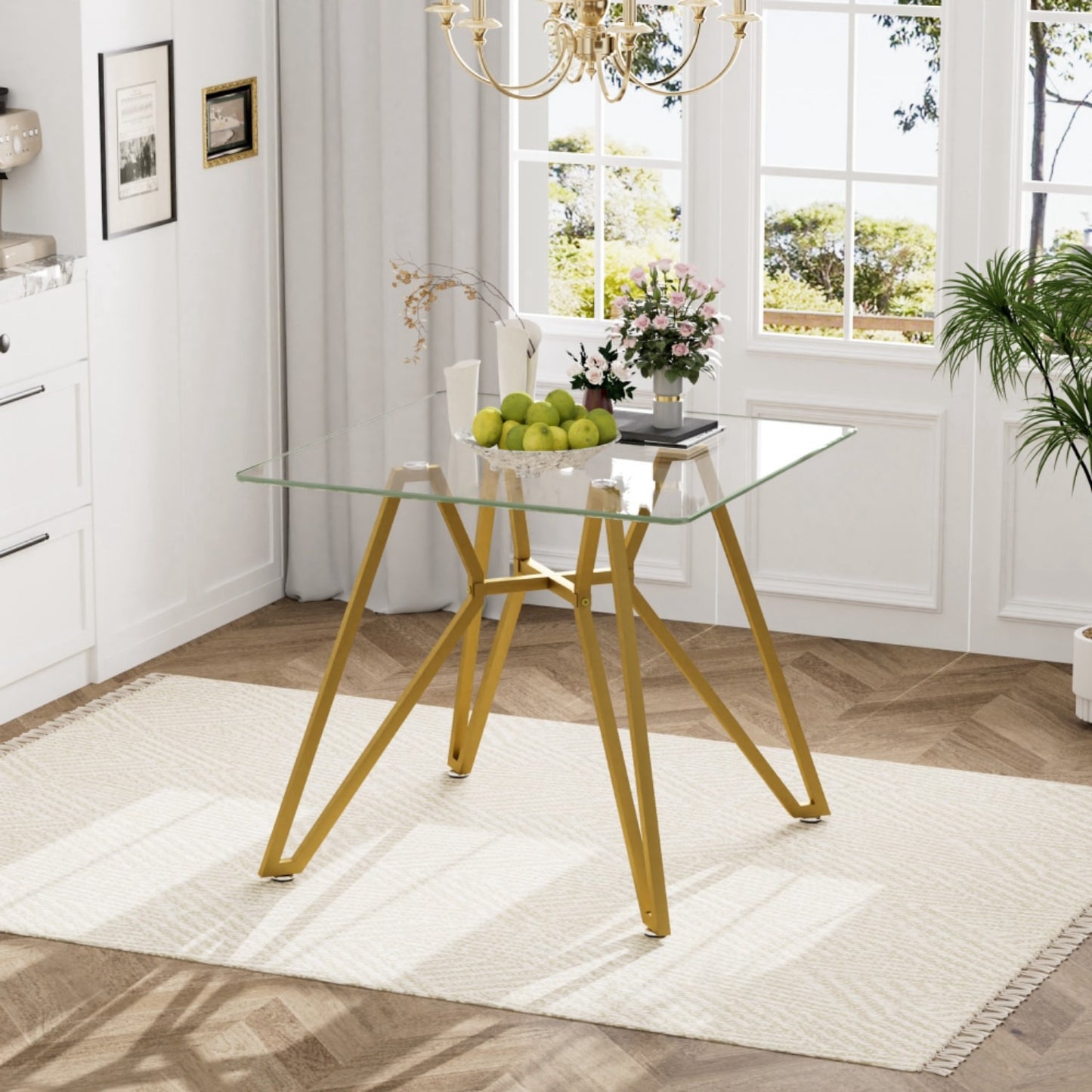 35" White and Gold Glass and Steel Square Trestle Coffee Table