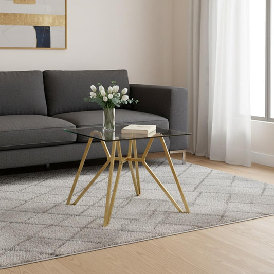 35" White and Gold Glass and Steel Square Trestle Coffee Table