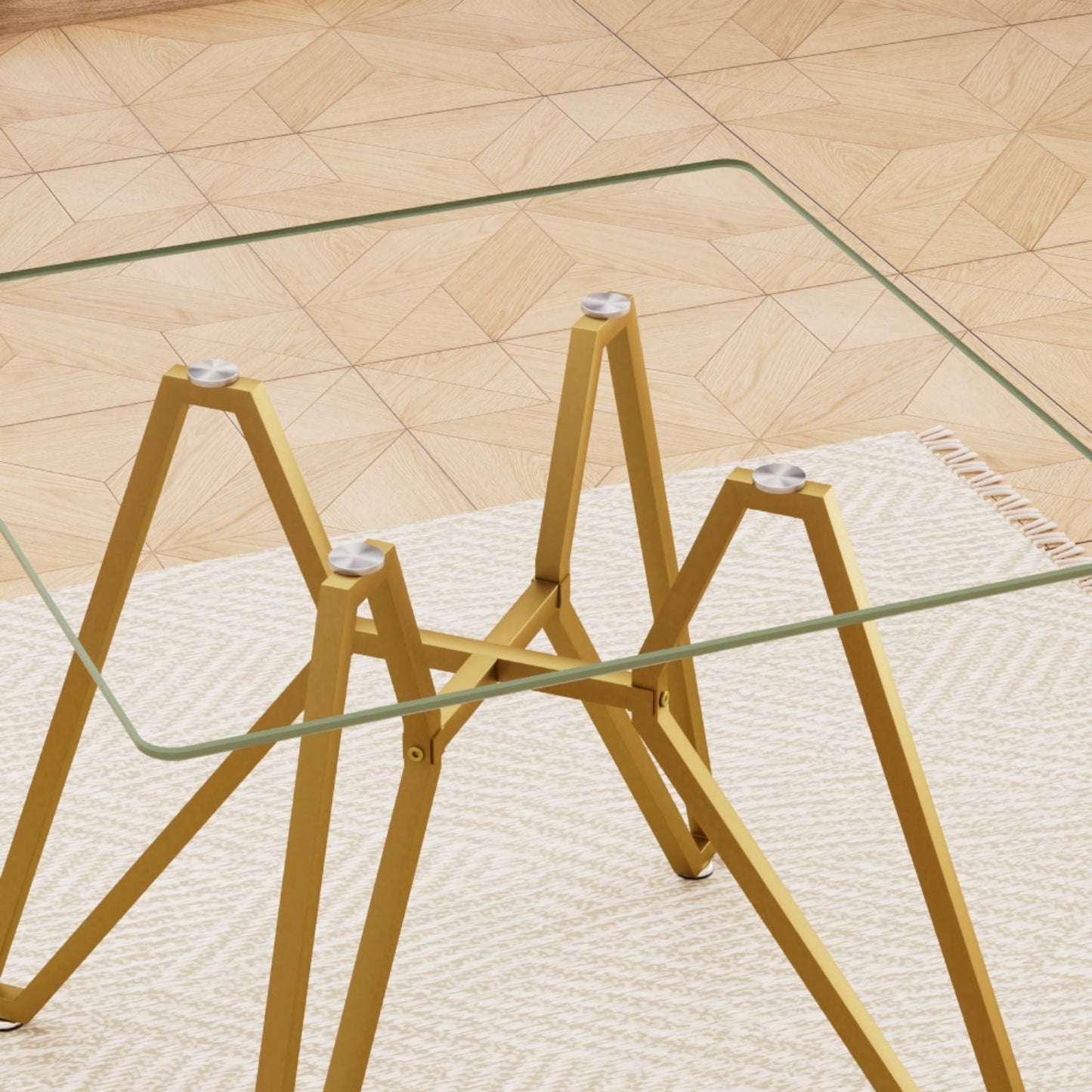 35" White and Gold Glass and Steel Square Trestle Coffee Table