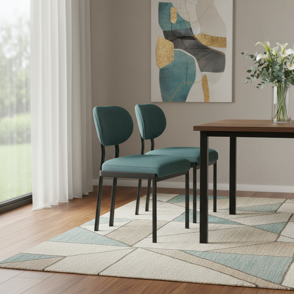 Set of Two Green and Black Chenille And Metal Partially Open Back Dining Side Chairs