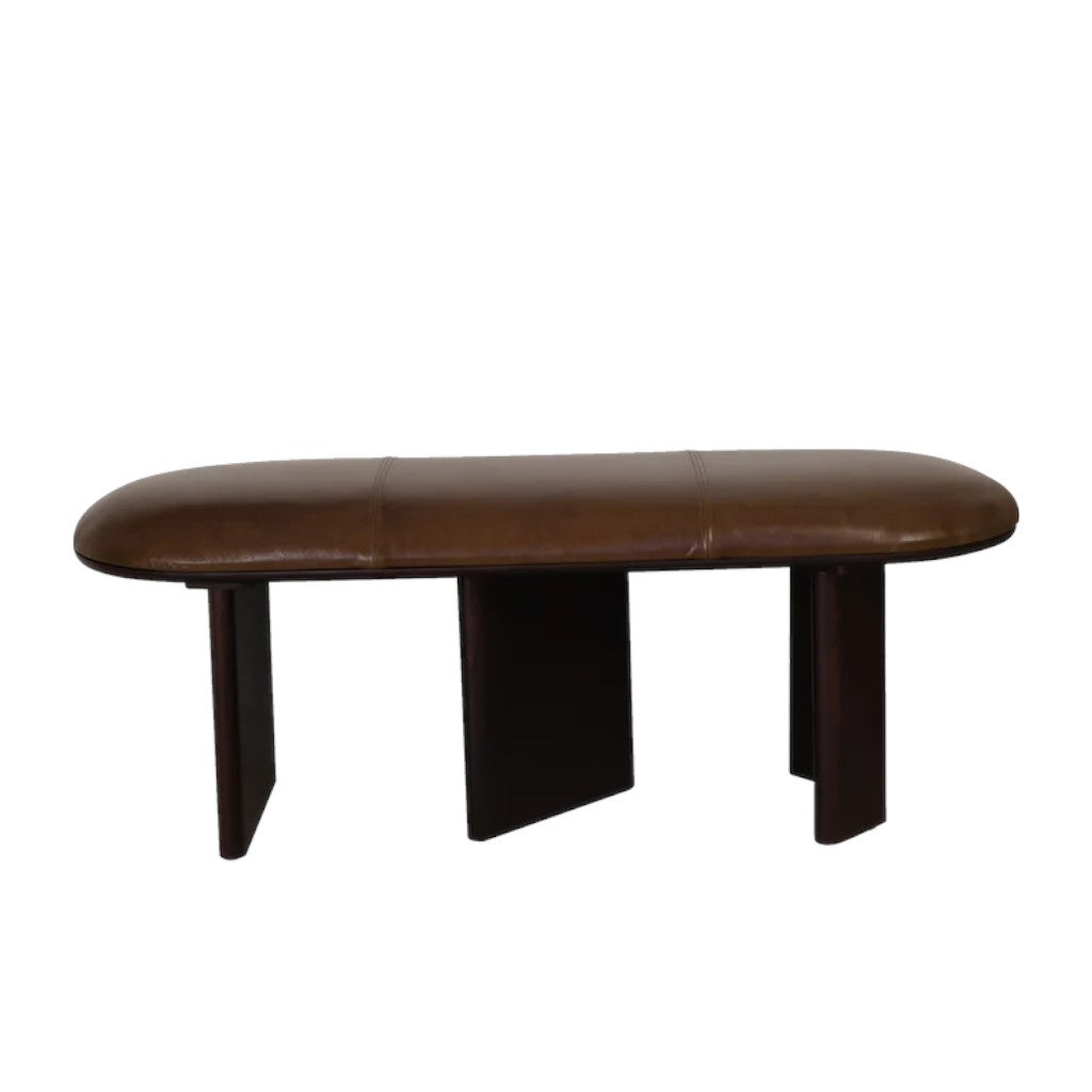 48" Brown Genuine Leather and Solid Wood Upholstered Bench