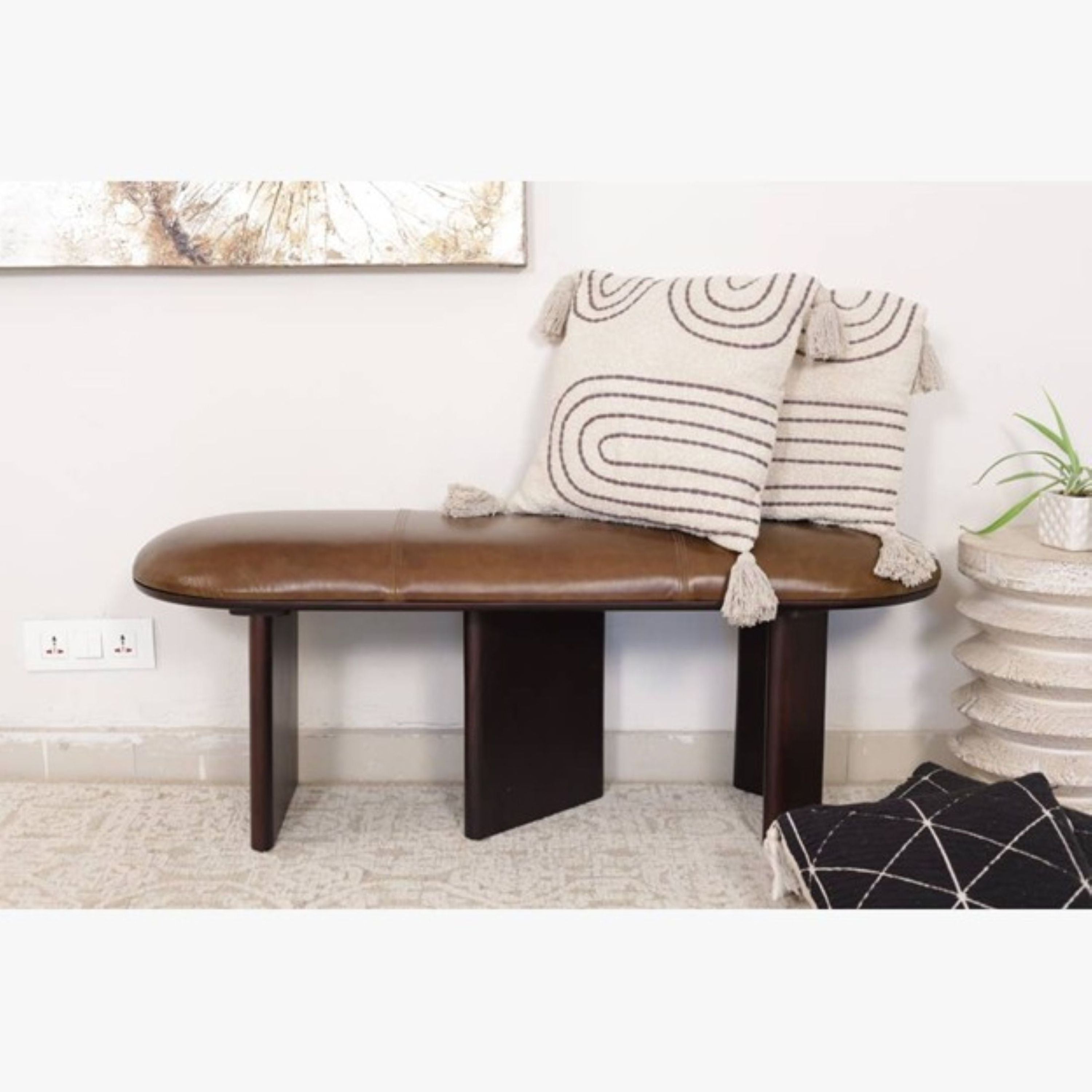48" Brown Genuine Leather and Solid Wood Upholstered Bench