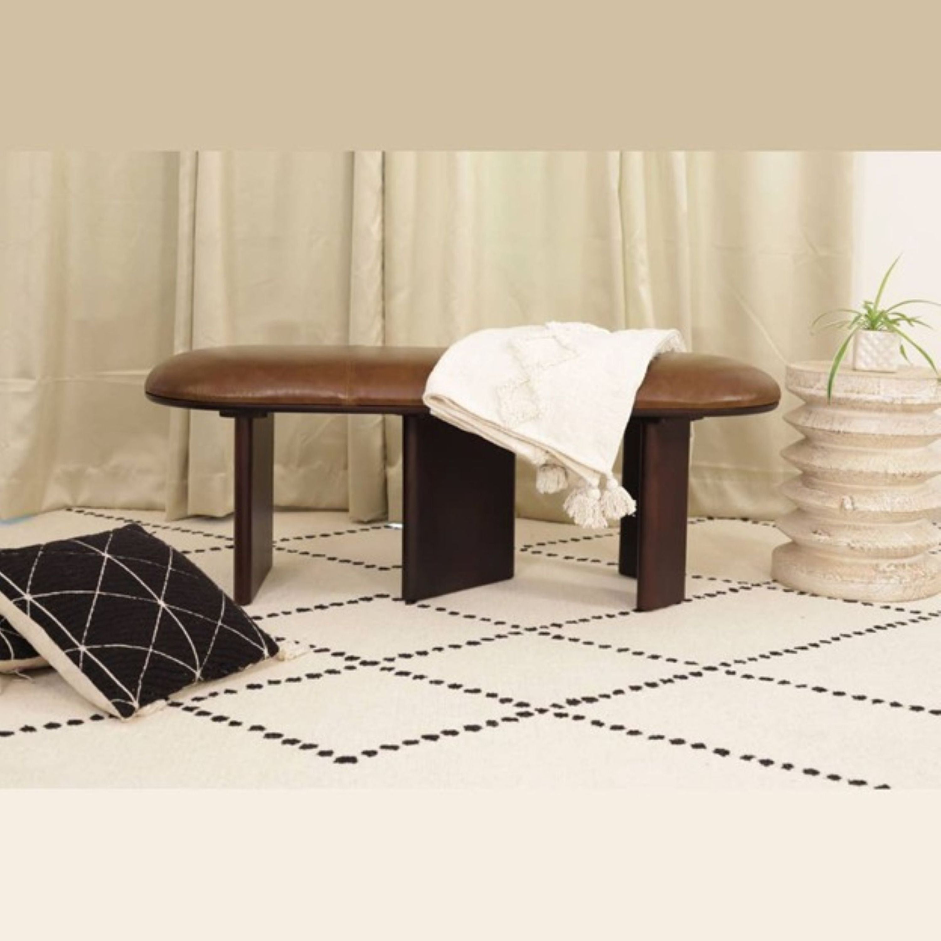 48" Brown Genuine Leather and Solid Wood Upholstered Bench