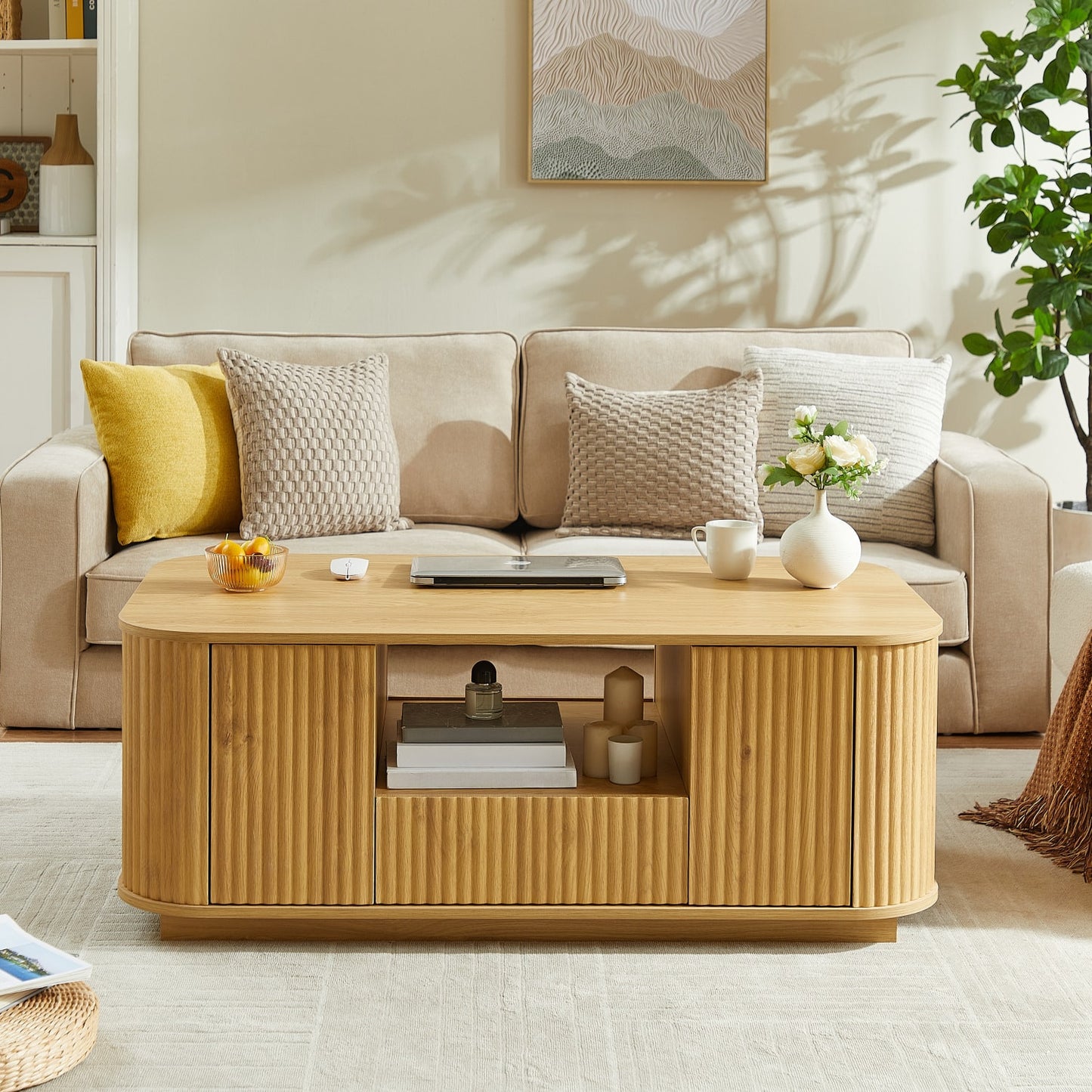 47" Natural Wood Oval Block Coffee Table With Storage